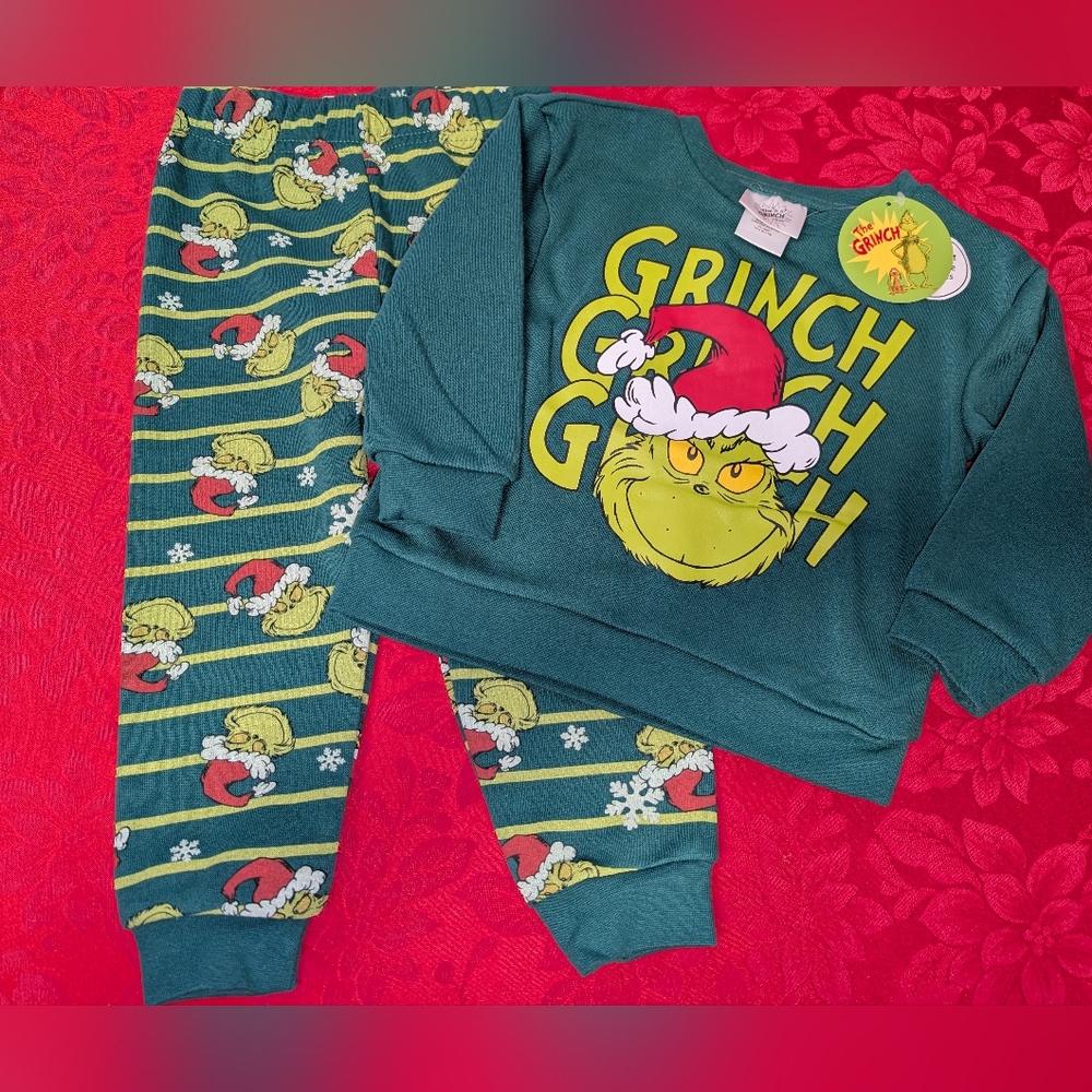 🆕 Grinch Graphic 2 Piece Sweatsuit Set Toddlers 2T Green Top Striped Pants 🎅